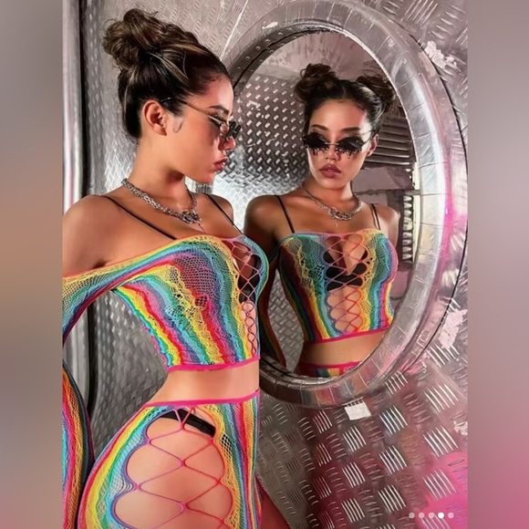 Sexy Bodycon Fish Net Teddy Rainbow 2 Piece Skirt and Top Set - Picture 2 of 6